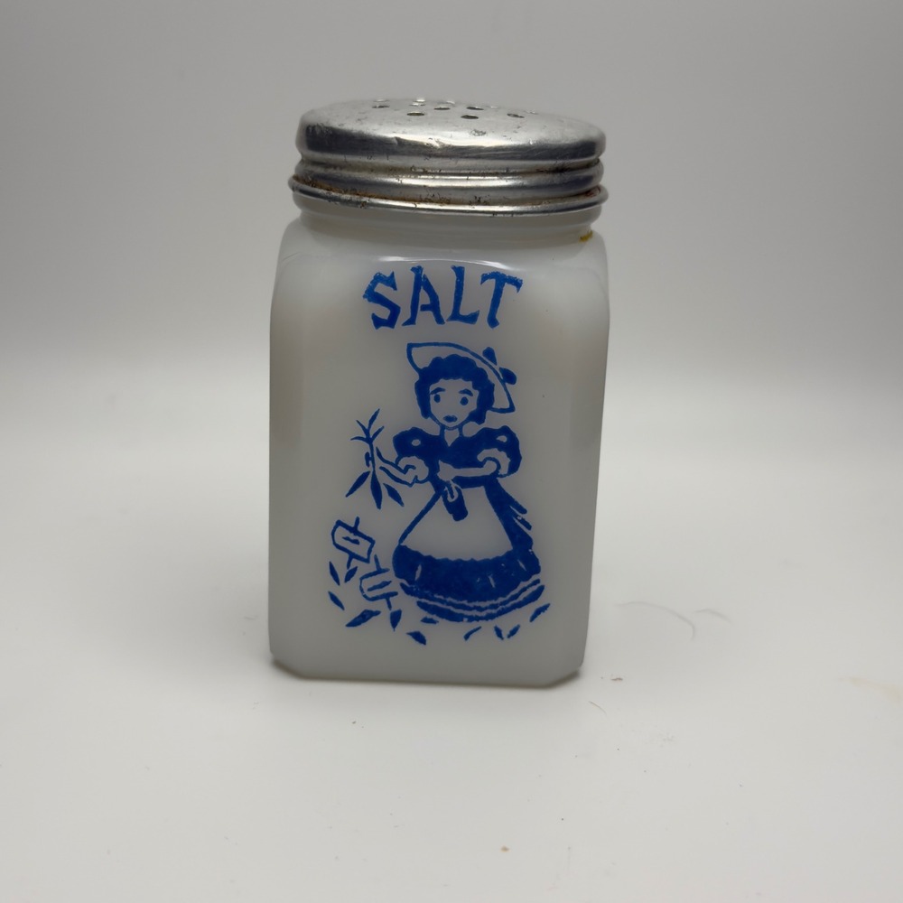 Vintage Milk Glass Salt Shaker Blue Bonnet Girl Graphic White Square Farmhouse‎